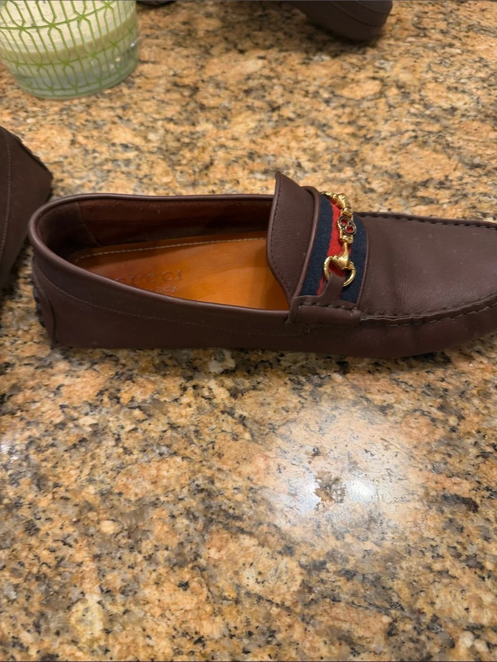 Gucci Brown Leather Horsebit Loafers with Red & Blue Web